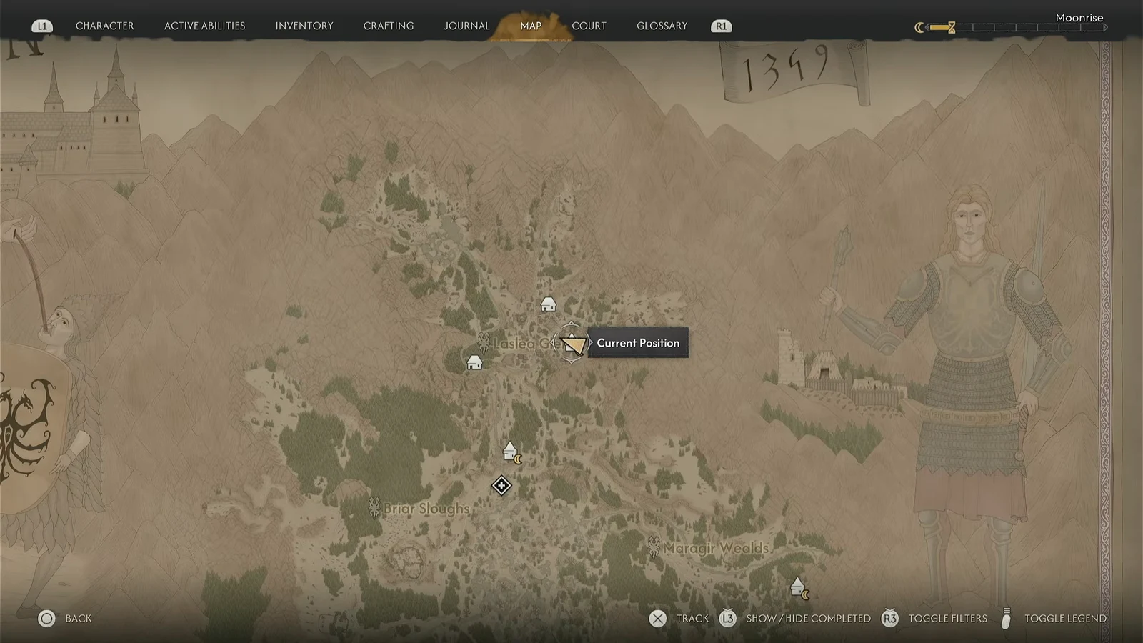 Map screen with the Current Position marker highlighted near Castle Greywatch