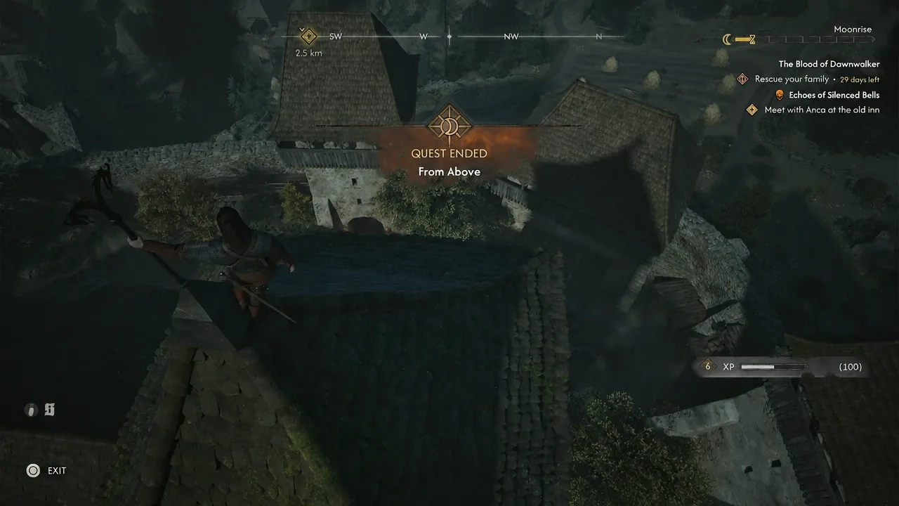 QUEST ENDED notification for From Above shown while Coen moves across rooftops