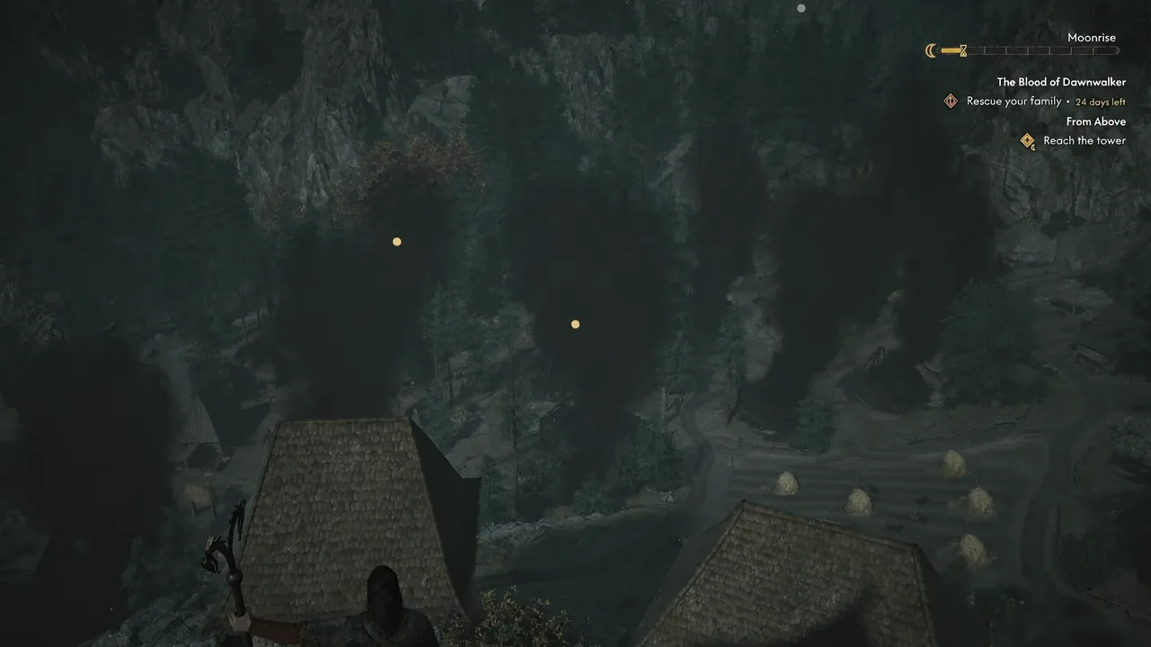 Quest tracker showing Rescue your family alongside the active Reach the tower objective at moonrise
