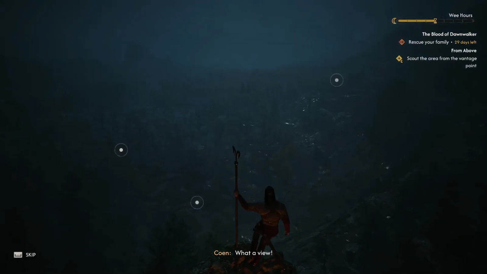 Coen scanning the valley from the tower summit with marked points visible in the distance