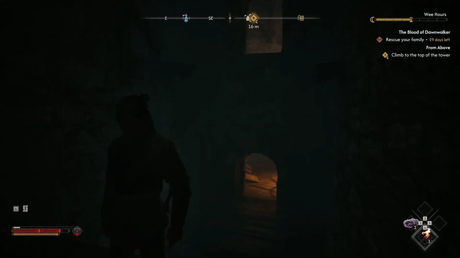 Quest marker showing the tower 16 meters ahead while Coen moves toward the climb
