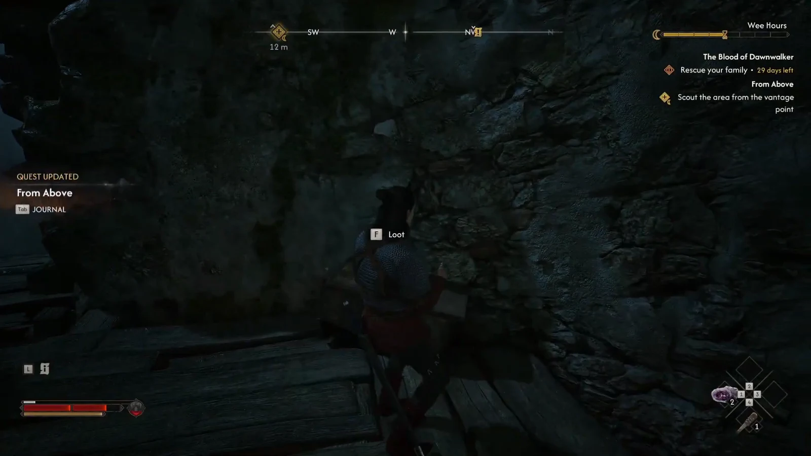 Loot prompt on the upper platform of the watchtower during the From Above quest