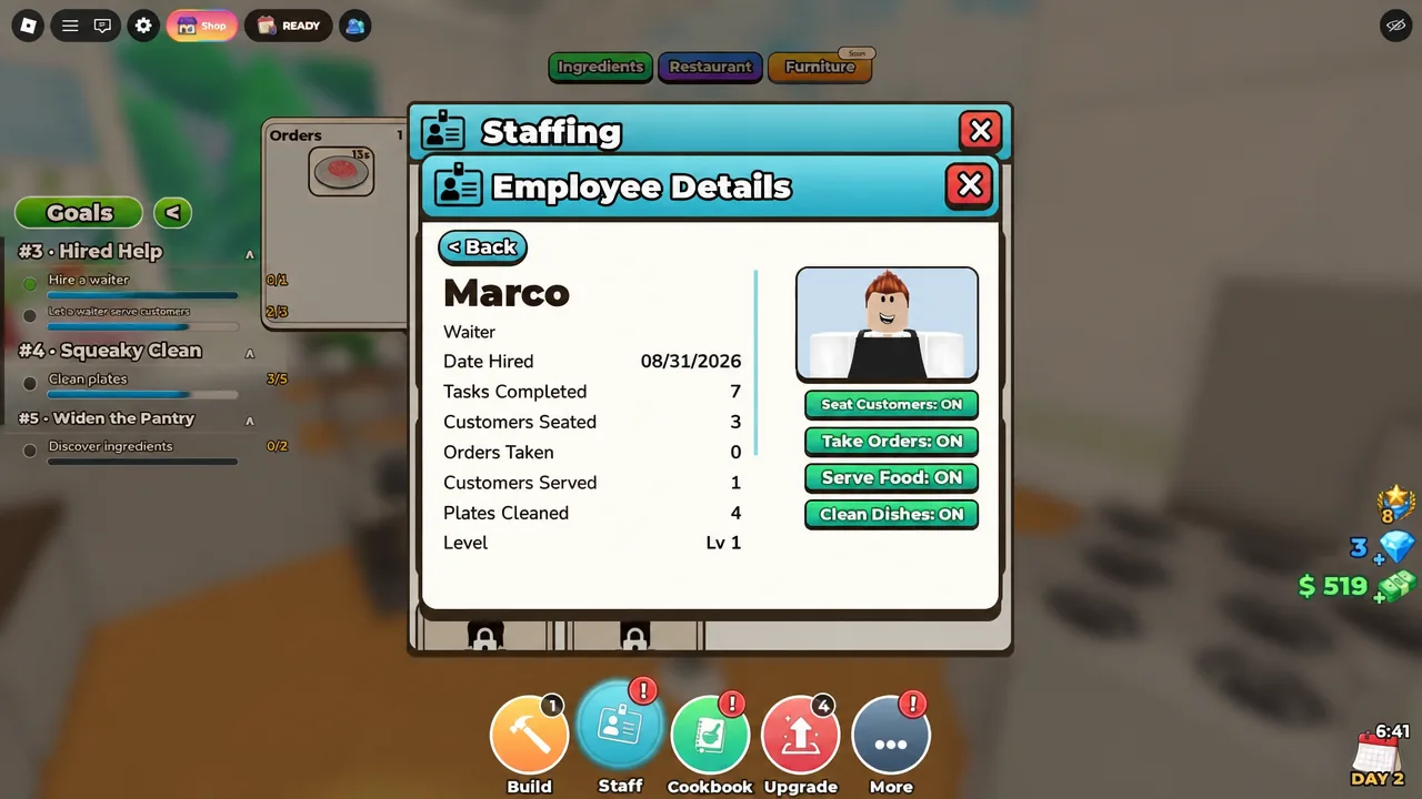 Employee Details page for Marco showing his statistics and toggled task permissions