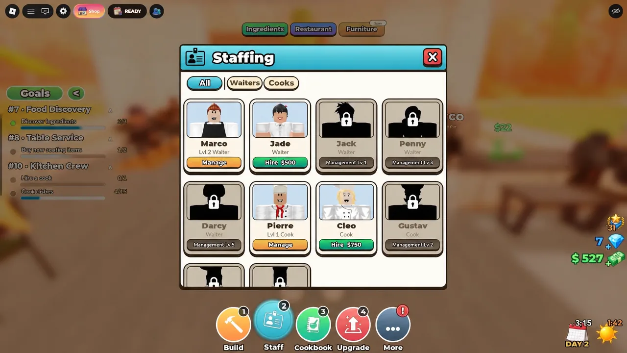 Staffing screen with the Staff button highlighted and employee cards showing Hire and Manage options