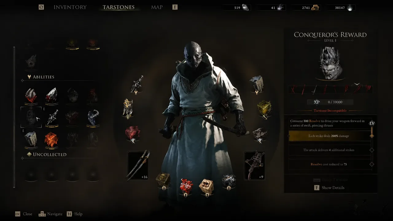 Tarstones menu showing the Conqueror's Reward panel and its 200 percent damage line