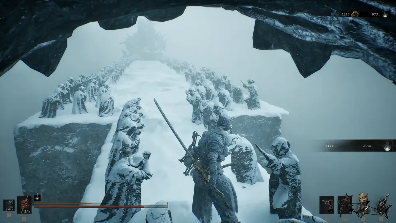 Armored character swinging a sword into a crowd of enemies on the snow-covered statue bridge
