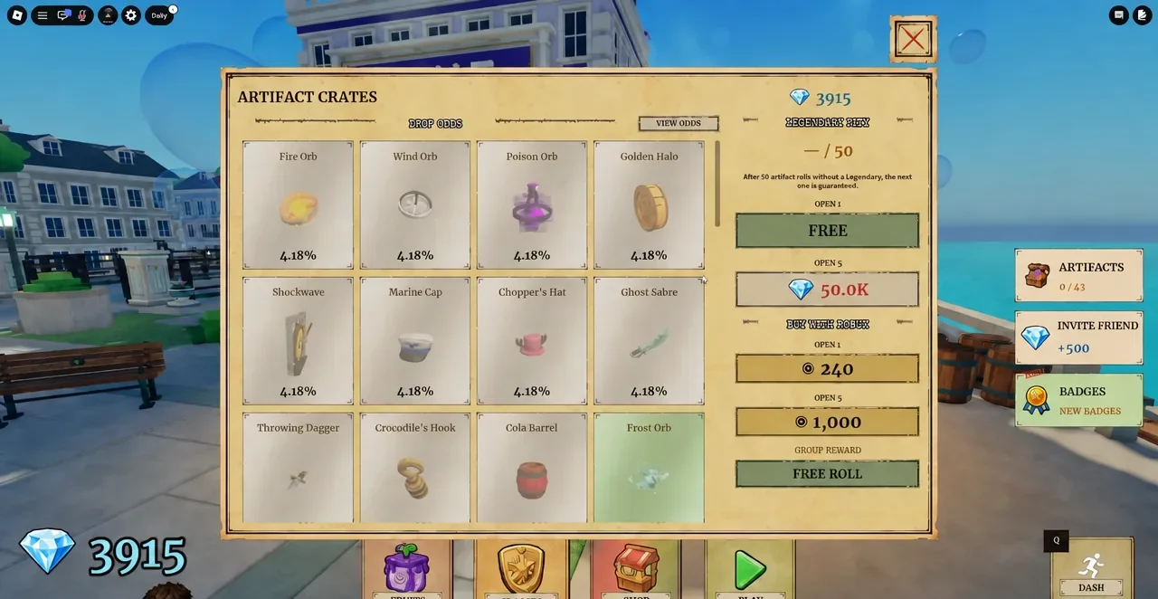 Artifact Crates menu with Frost Orb shown and the FREE button ready to open a crate
