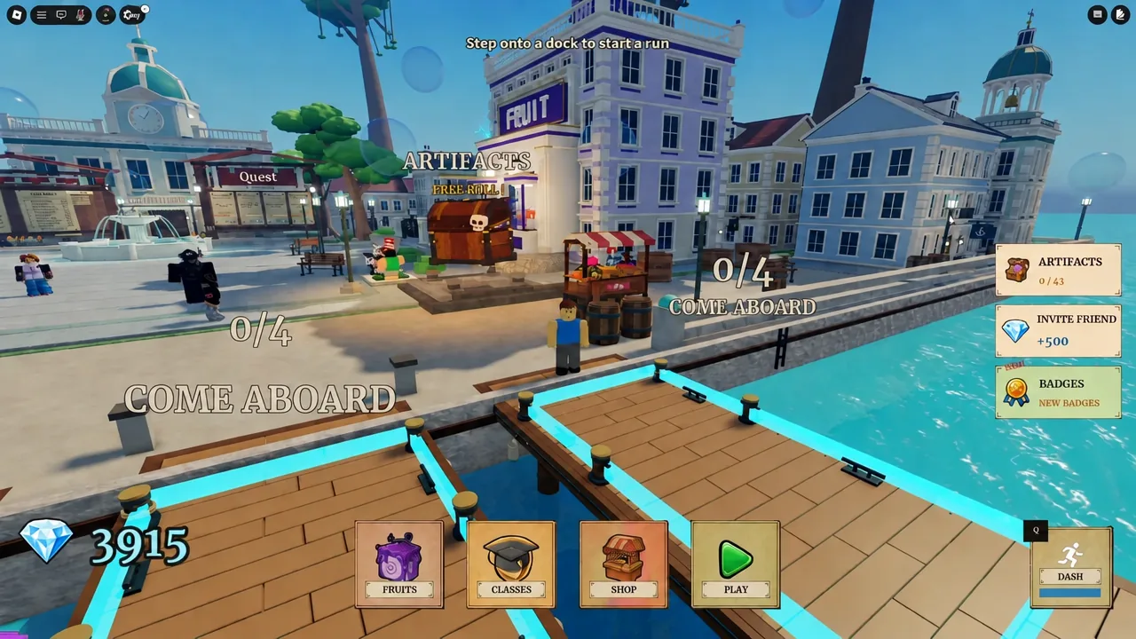 Player stepping onto the lobby dock with the Play button highlighted to start a run