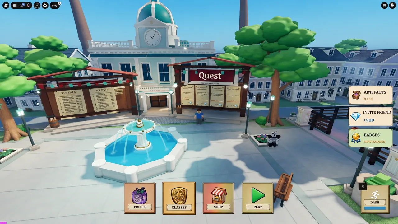Fruit Zombie Survival lobby with the Play button visible before queuing into a run