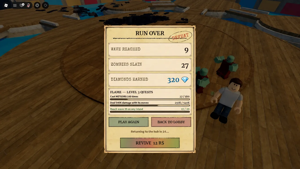 Run Over screen showing Play Again, Back to Lobby, and Revive options after the boss kill