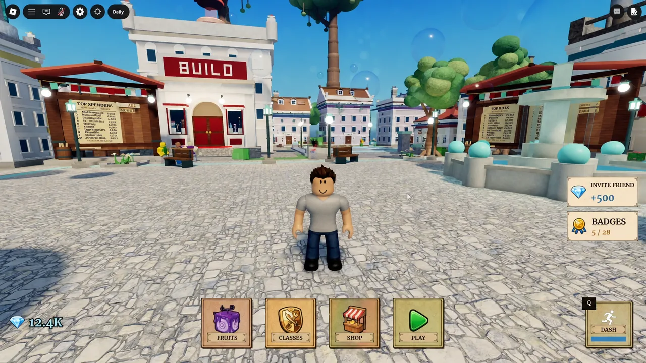 Fruit Zombie Survival lobby with the PLAY button visible before heading to the docks