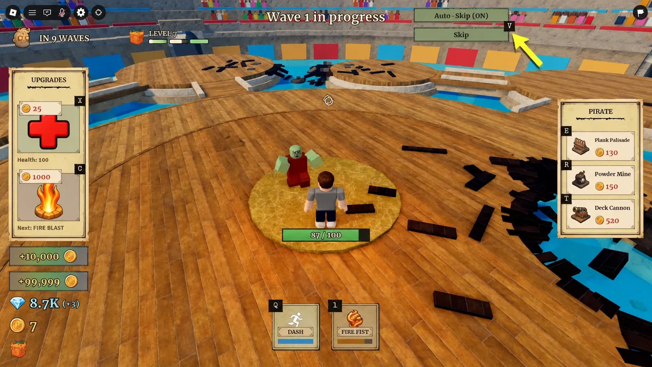 Wave 1 in progress with the skip control highlighted during a solo Corrida Colosseum run