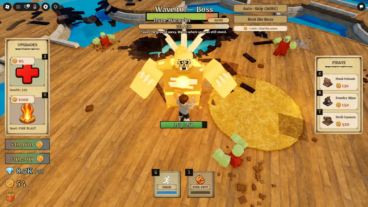 Wave 10 boss bar highlighting Dune Marauder as the player attacks it