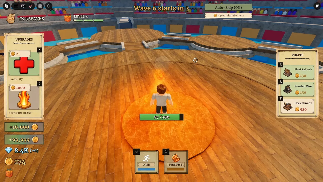 UPGRADES menu open showing Health and Fire Blast while the next wave counts down