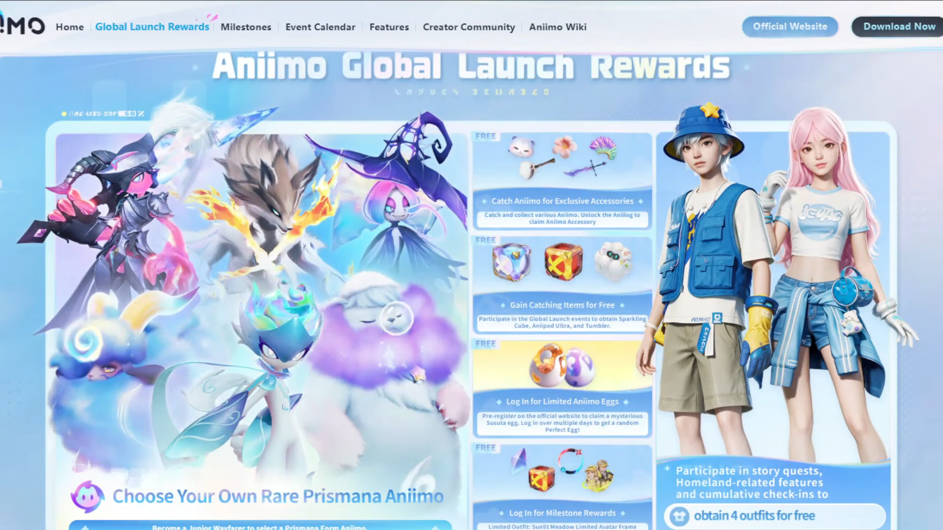Global launch rewards board listing free catching items, Aniimo eggs, outfits and milestone prizes