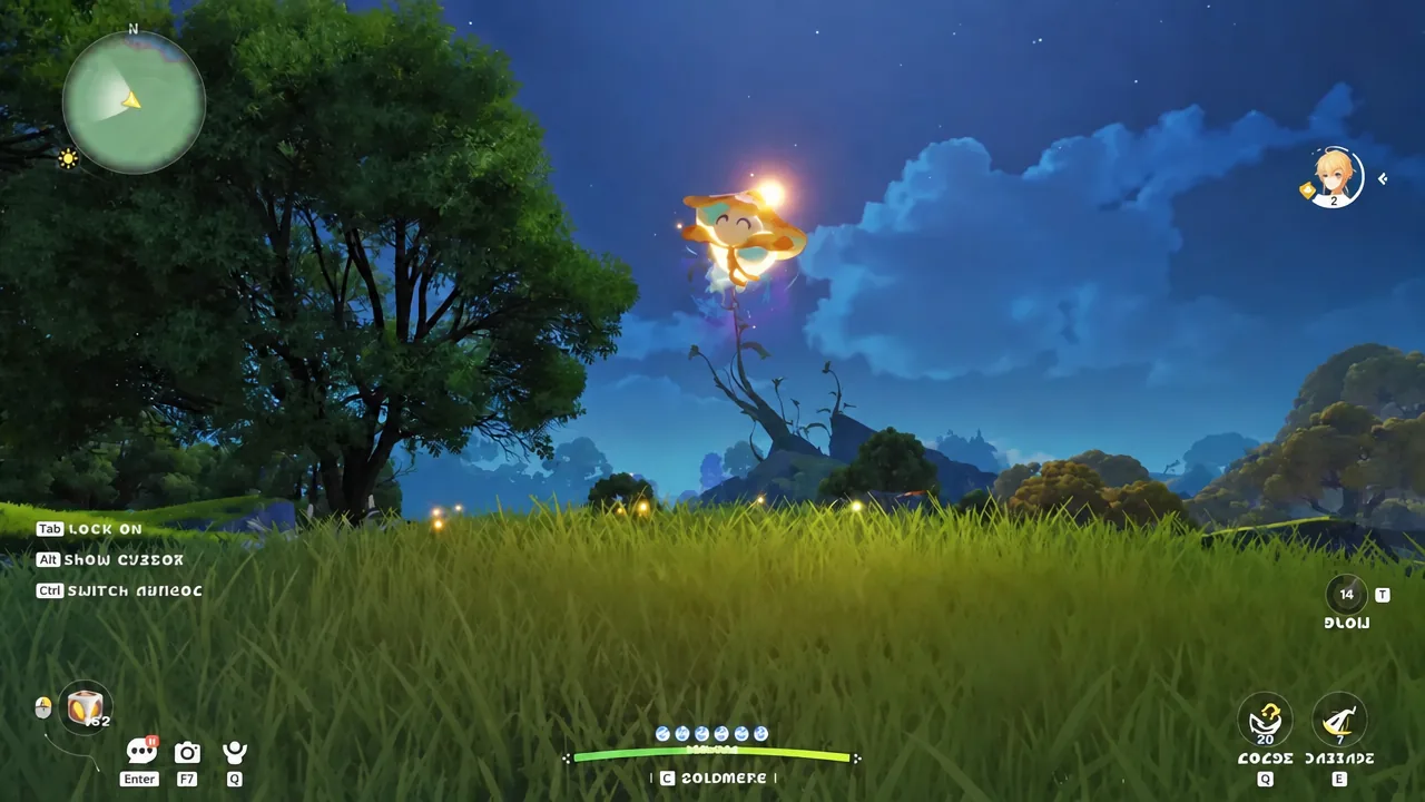 Pathfinder chasing a swarm of glowing blue butterflies across an open meadow in Idyll