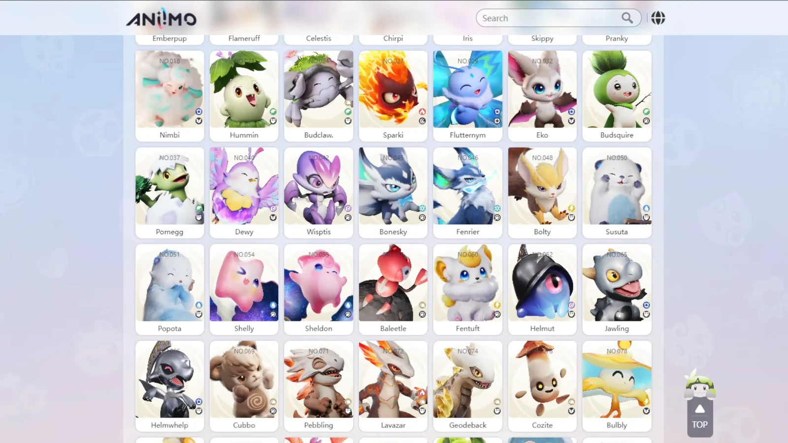 Scrollable grid of Aniimo creature cards in the official creature catalog