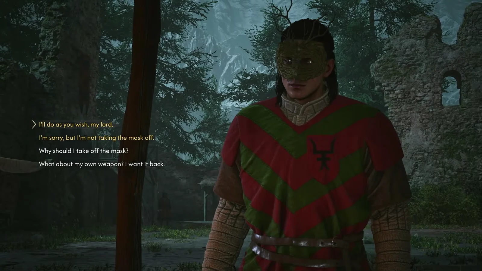 Dialogue wheel with the obedient reply about removing the mask highlighted