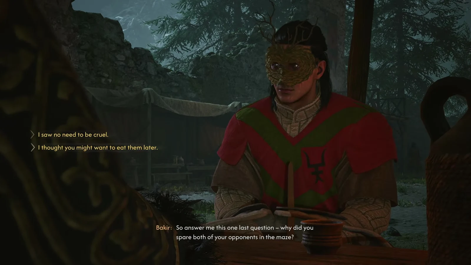 Two dialogue replies about sparing the other contestants shown on screen