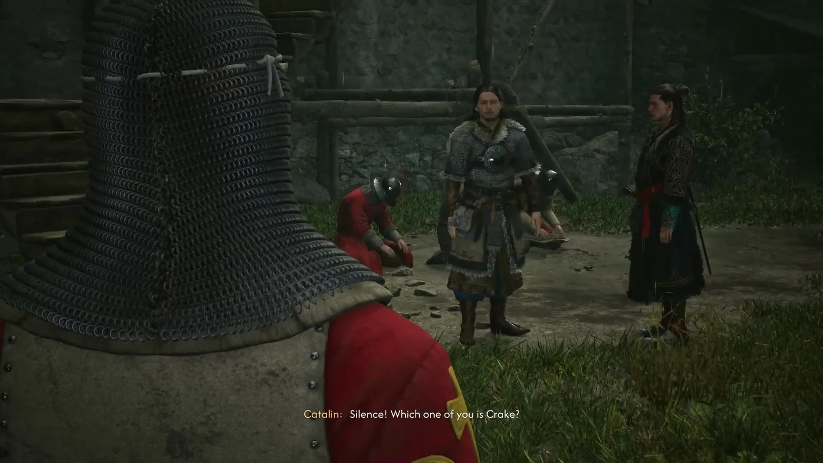 Catalin facing captured soldiers with the subtitle Silence! Which one of you is Crake?