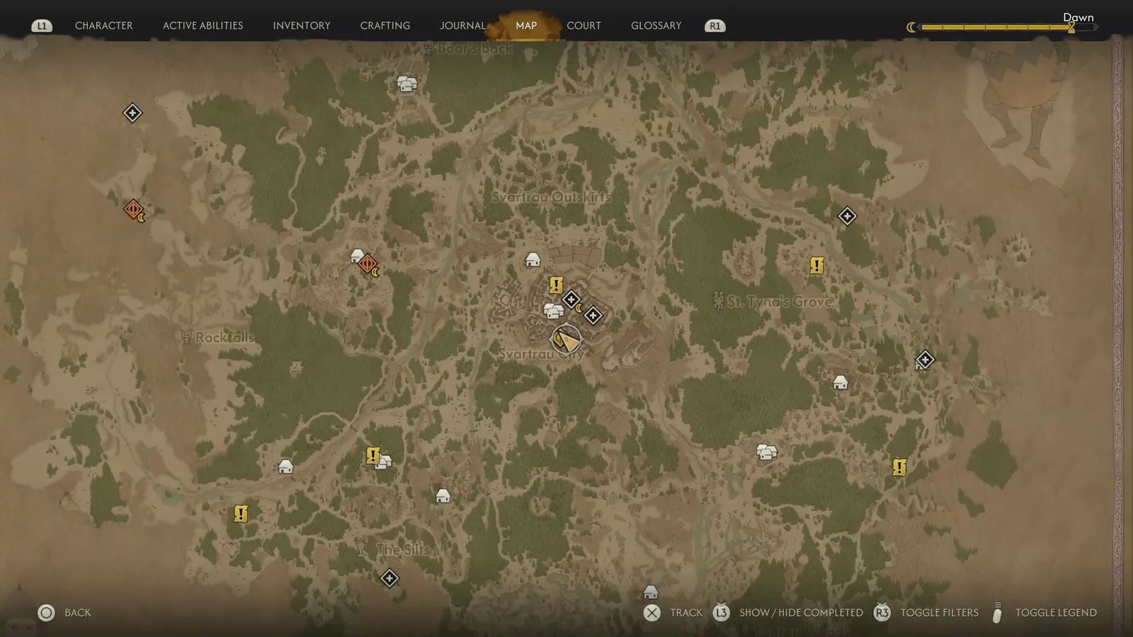 World map open on the Svartrau area with Crake's quest marker highlighted