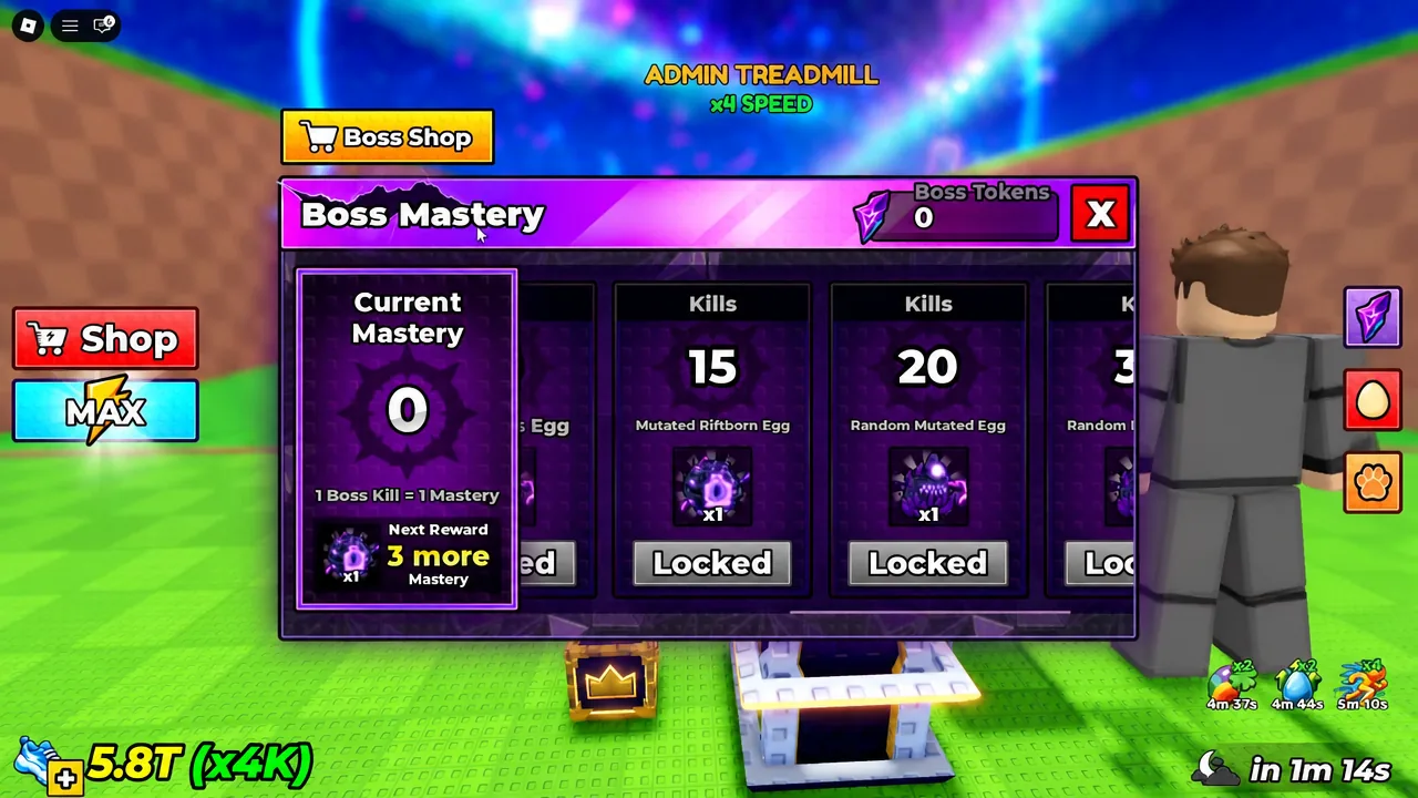 Boss Mastery menu showing mastery level 0 with locked milestone rewards