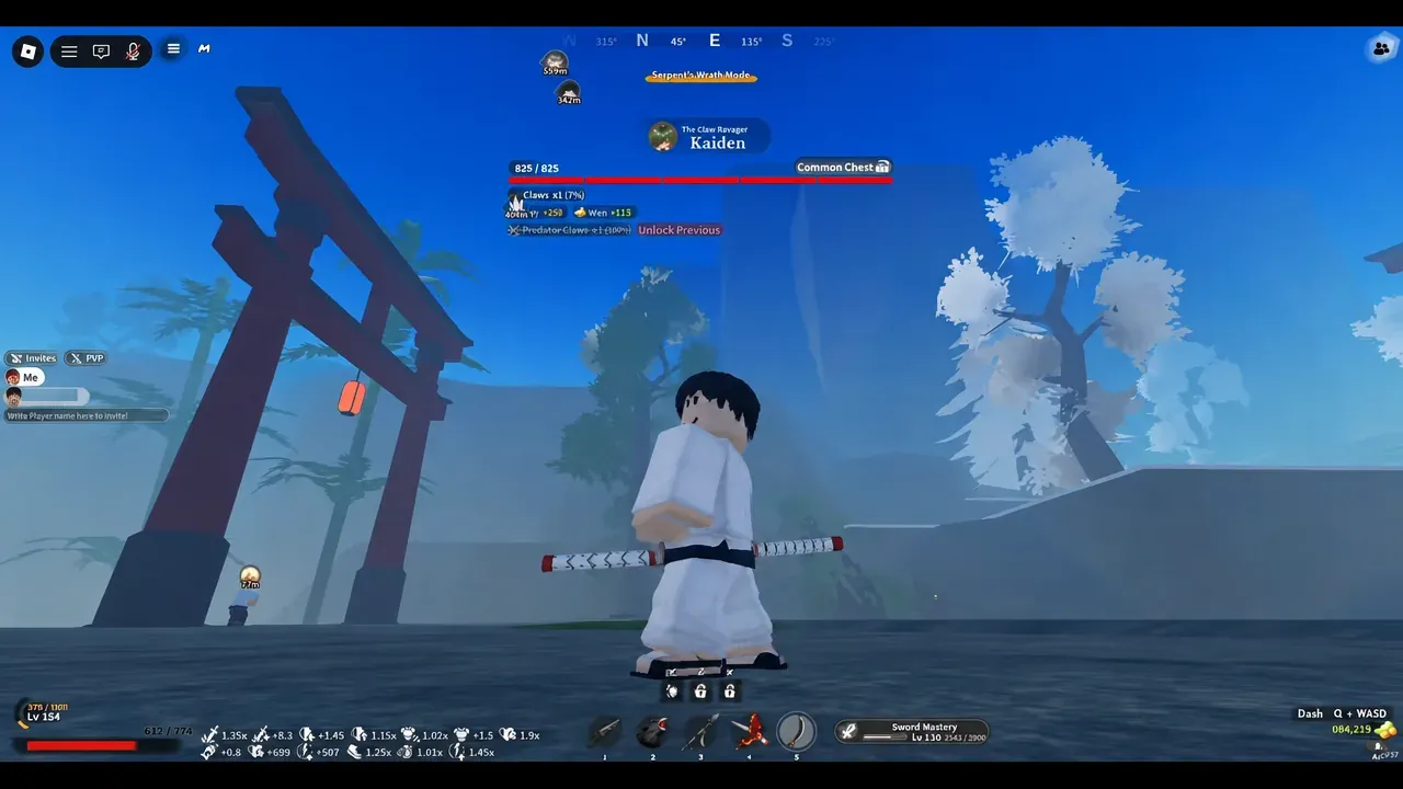 Player fighting The Claw Ravager Kaiden with the boss health bar and a Common Chest objective on screen