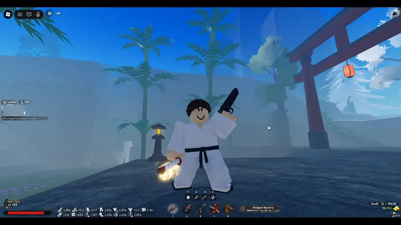Avatar holding a glowing sword and the Shotgun with the combat HUD and weapon hotbar visible