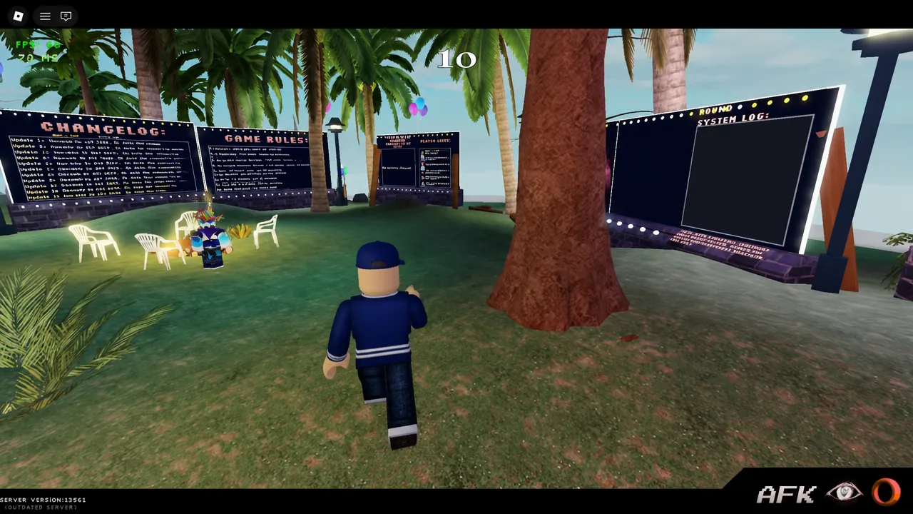 Player standing in front of the GAME RULES board in the Outcome Memories lobby