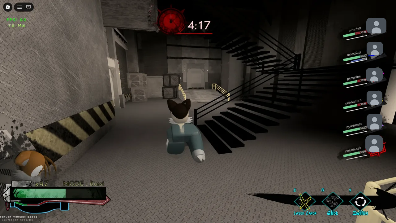 Survivor climbing an industrial stairwell with the Laser Canon ability shown in the HUD