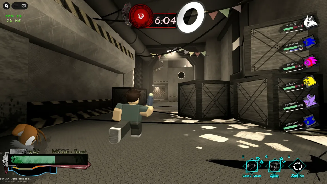 Survivor running through a warehouse with Laser Cannon, Glide, and Switch abilities on the HUD