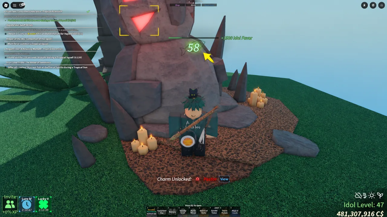 A Megalodon hunt in progress with the totem placed and hunt fish spawning nearby