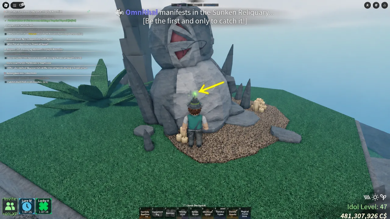 A player walking toward the glowing interaction point marked by a yellow arrow on the stone idol