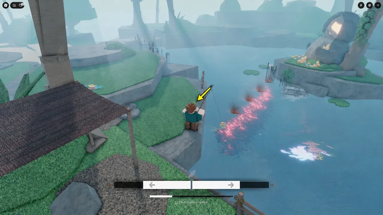 The fishing reel meter active on screen as a player brings in a hooked fish during a hunt