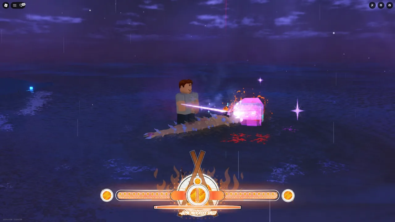 Opening a glowing pink treasure chest as the timing gauge fills along the bottom of the screen