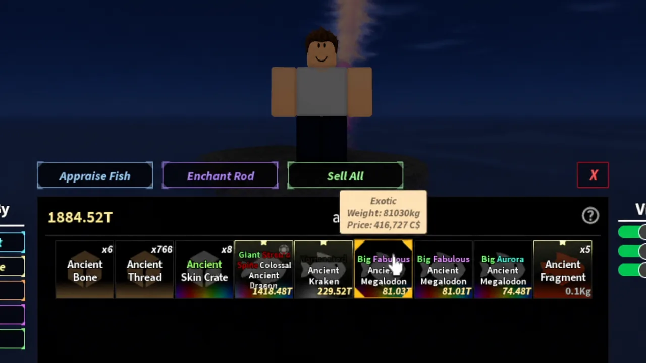 Inventory tooltip showing the Big Fabulous Ancient Megalodon with its weight and 416,727 C$ price