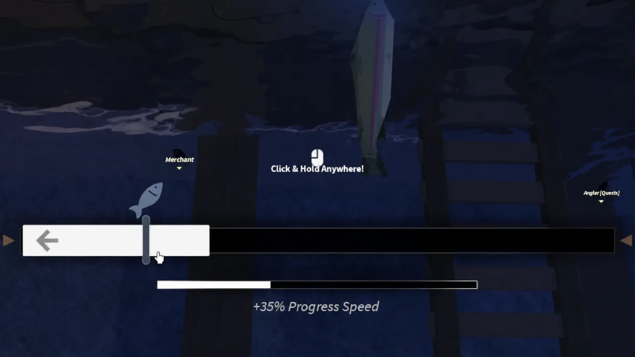 Fisch catch minigame with the slider held on target as the progress bar climbs