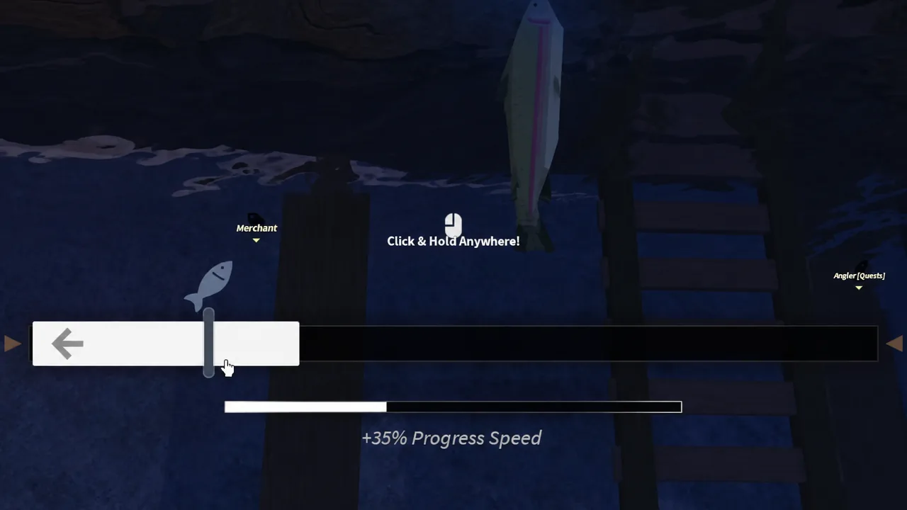Fishing minigame showing the Click and Hold Anywhere prompt while the progress meter fills