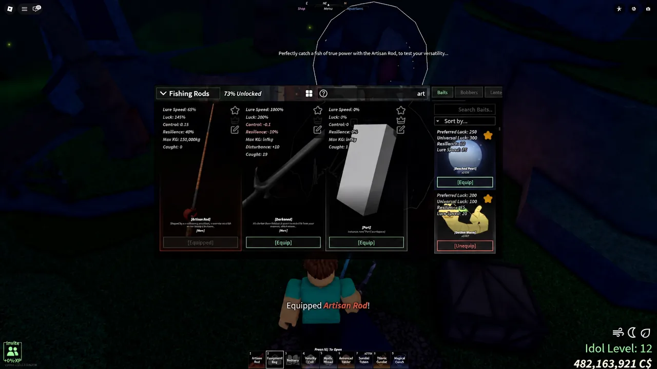 Fisch Fishing Rods menu with the Artisan Rod selected and marked as equipped