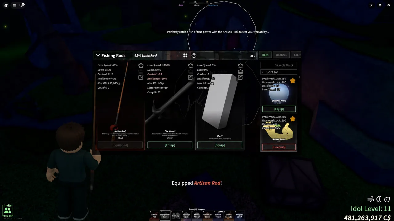 The Fishing Rods menu confirming the Artisan Rod is equipped, which is required for Fudo's final trial.