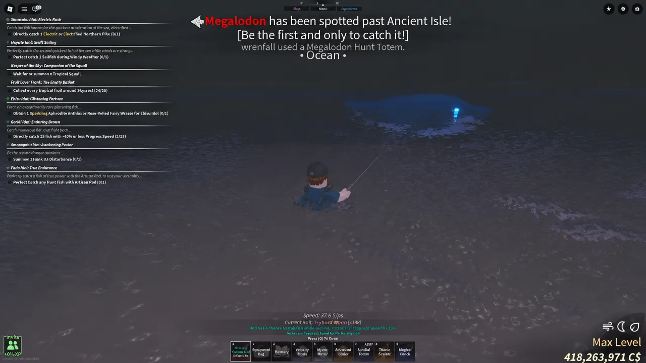 Player fishing at sea in Fisch after a Megalodon hunt begins