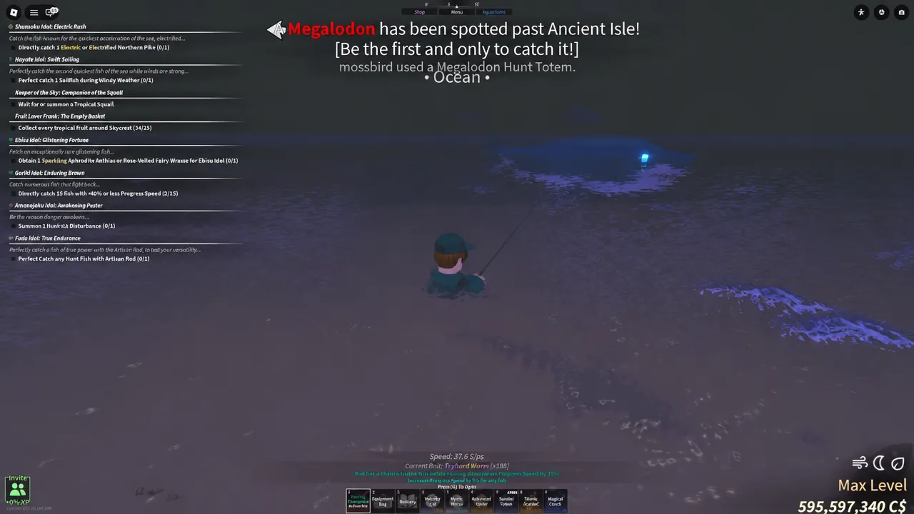 Megalodon sighting announcement appearing on screen while the player fishes in open ocean