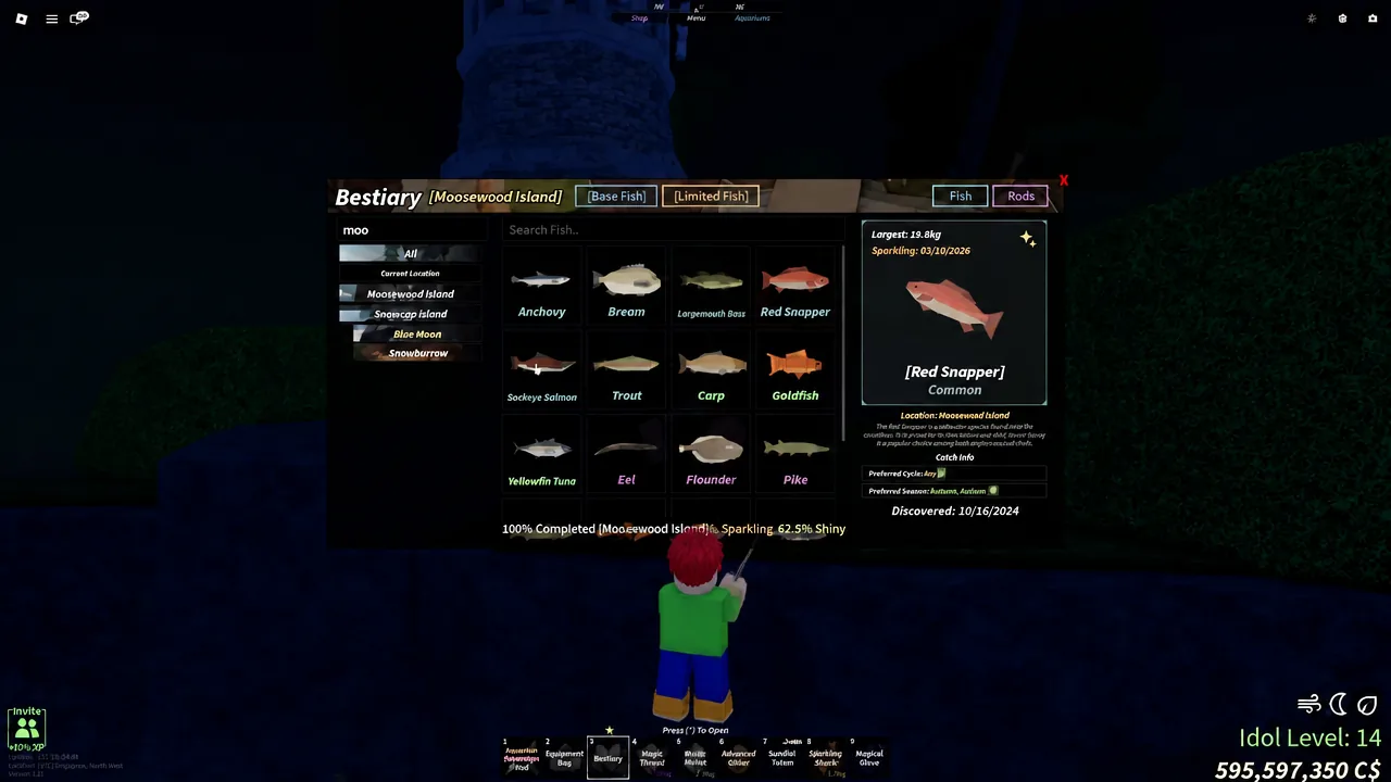 Moosewood bestiary page open on a fish entry showing its rarity and details