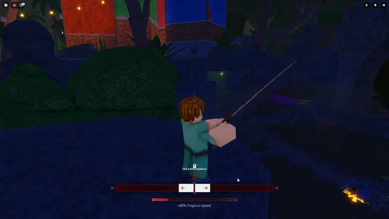 Fishing minigame with the left and right arrow control steering the progress bar during a reel