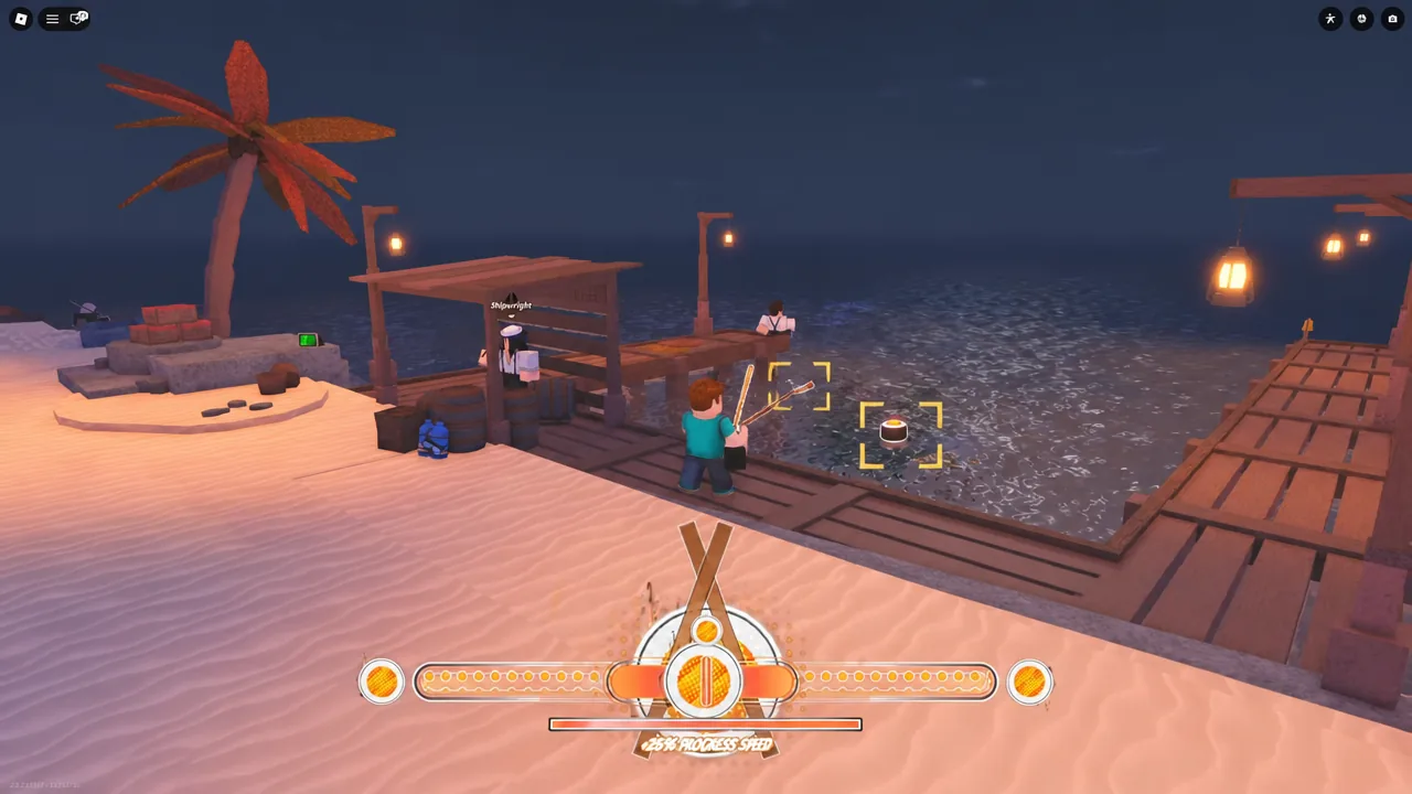 Bobber floating in the water during a Fisch cast, with the reel prompt on screen