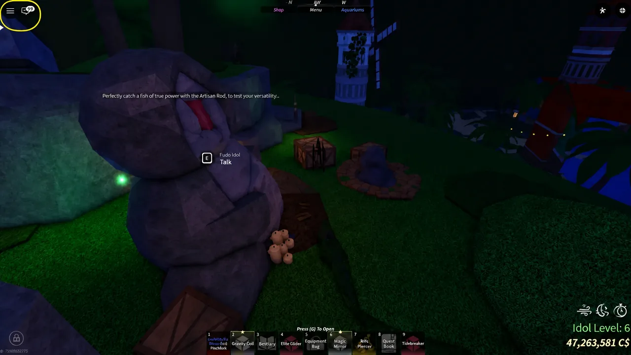Player standing in front of the Fudo Idol on Skycrest with the E Talk prompt showing