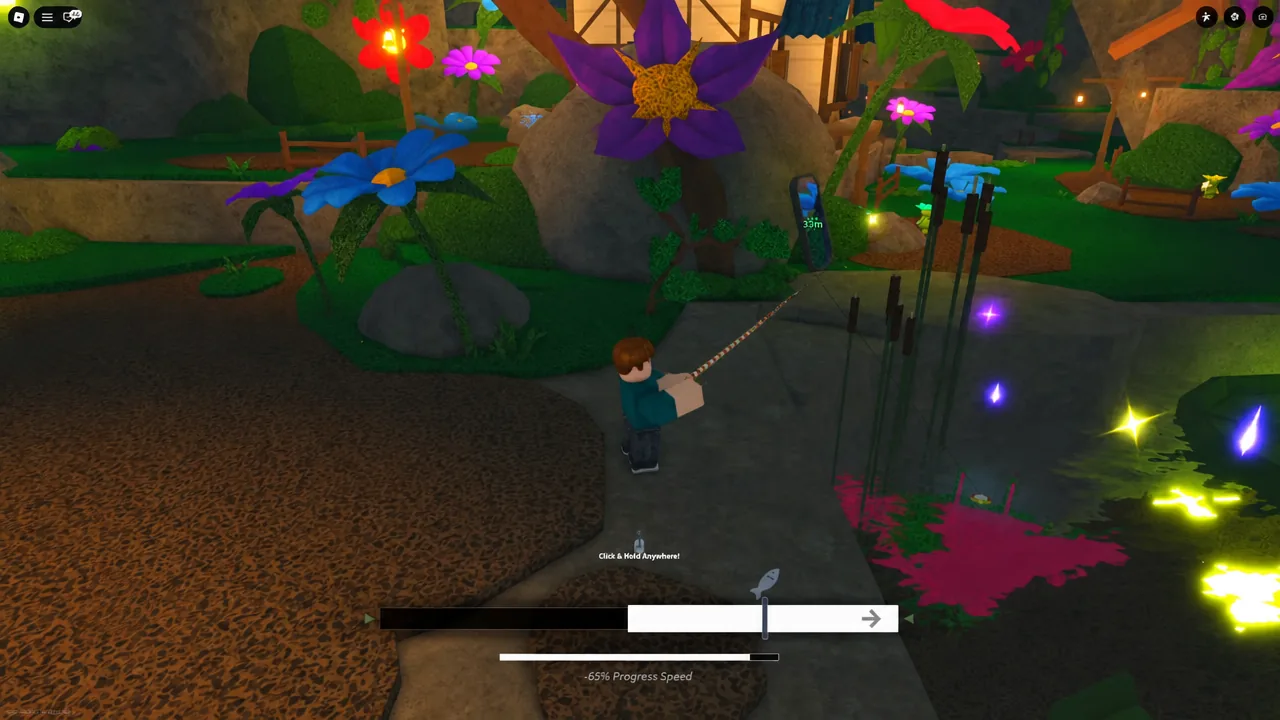 Fishing minigame with the Click and Hold Anywhere prompt and the reel progress bar filling at the bottom