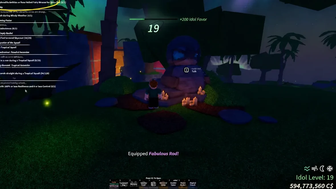 Player standing at the stone Ancient Idol with the E Talk interaction prompt on screen