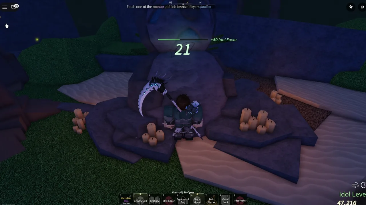 Player positioned at a Skycrest pond with the Swift Winds objective tracked on screen