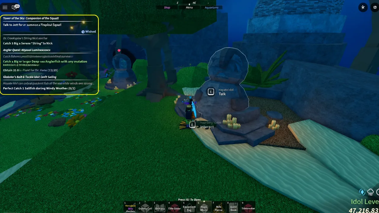 Talk prompt appearing above the Hayate Idol on Skycrest with the quest panel on screen